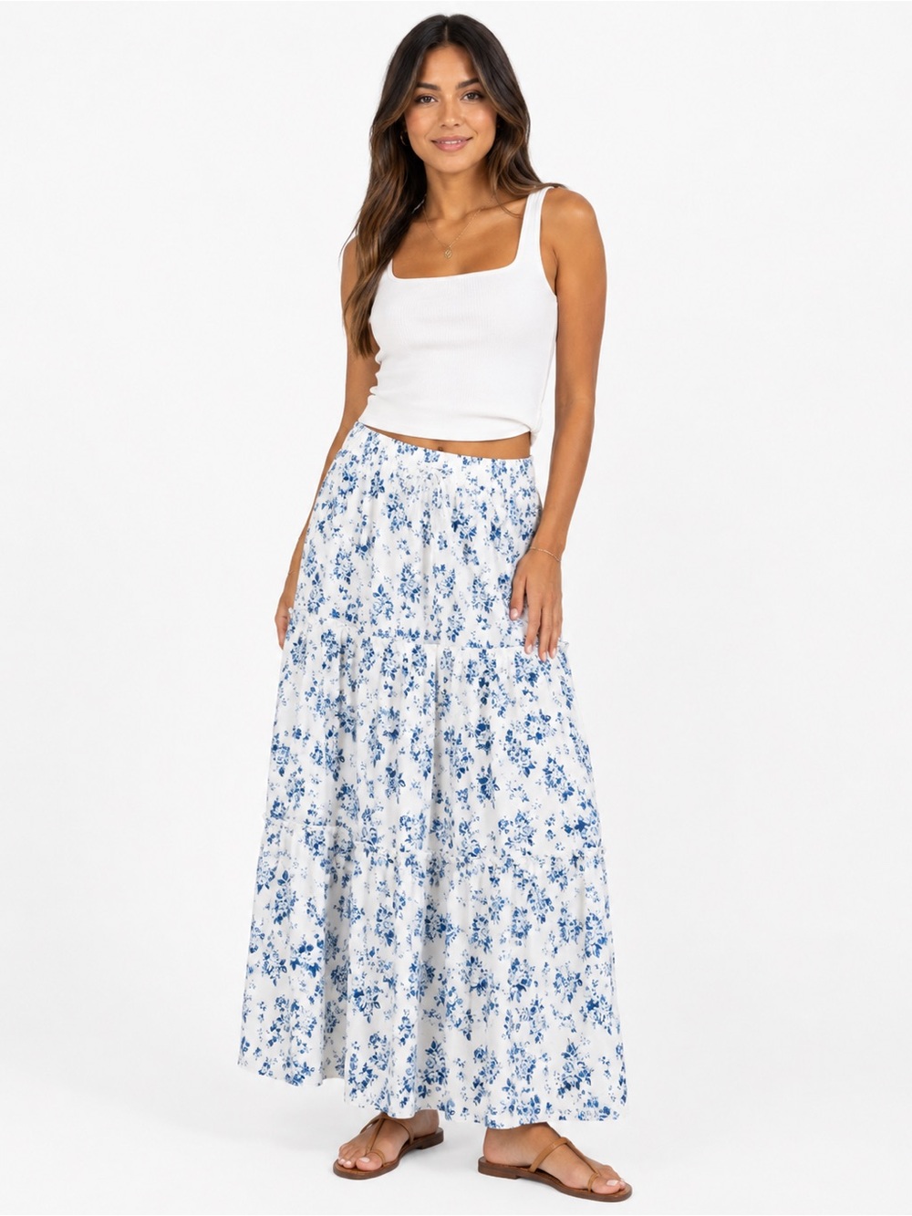 Blue & White Floral Maxi Skirt Size Large Cottagecore Elastic Waist Pockets
